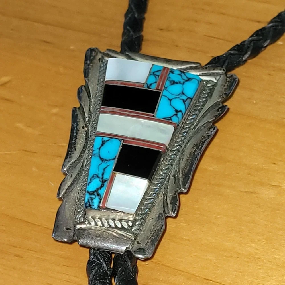 Vintage Zuni Sterling Silver Multi Stone Inlay Bolo Tie Turquoise Coral